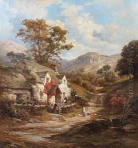 Stone Cottage In A Hilly Landscape, With Figures Before On A Country Track by Edward Henry Holder