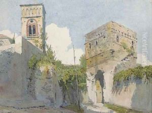 A gateway to an Italian town, a church beyond by Thomas Hartley Cromek