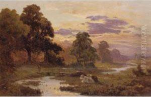 Cattle Grazing At Sunset; Fishing On The River by Edward Henry Holder