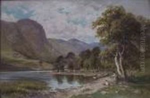 A Motherand Daughter By A Lake In A Hilly Landscape