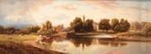 Cattle Watering On The Bend Of A Tranquil River, A Village Andcountry House Beyond Cattle Watering On The Bend Of A Tranquil River, A Village Andcountry House Beyond