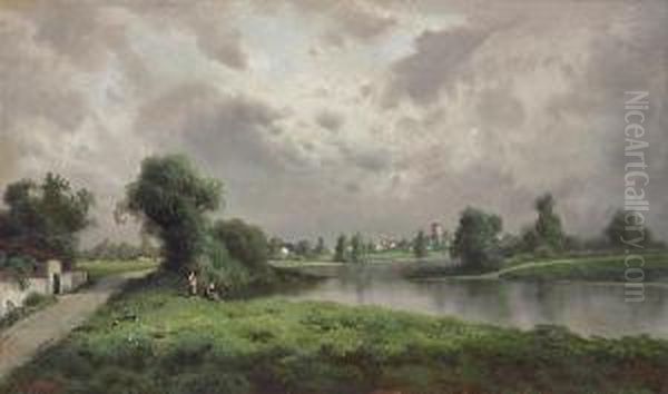 Figures Near A Stream On A Stormyafternoon - view 1