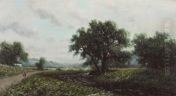 Summer Stream With Figures Walking Nearby, Thought To Be Sacramento Valley - view 1