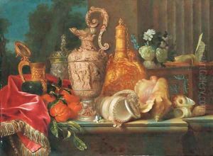 An ornamental silver ewer, a silver-gilt cup and cover and other flasks with fruit and flowers on a draped ledge