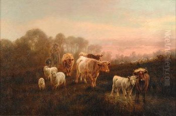 Cattle And Drover In A Landscape At Sunset - view 1