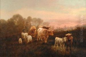 Cattle And Drover In A Landscape At Sunset by William Perring Hollyer