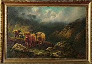 Highland Cattle Above A Misty Glen by William Perring Hollyer