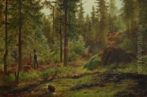 Skogsmotiv Med Man Vid Kolmila by Per Daniel Holm
