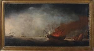 A Warship Ablaze On A Stormy Sea
