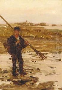 A fisherman on the shore with a town beyond by James Charles