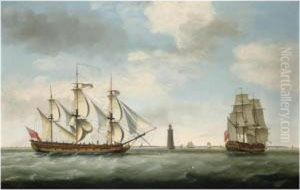 Captain John Carr And His Ship Vere , In Two Positions Off The Eddystone Lighthouse
