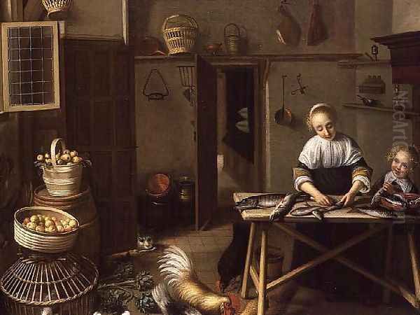A Woman Preparing Fish in her Kitchen - view 1