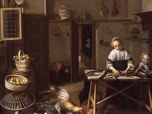 A Woman Preparing Fish in her Kitchen by Reinier or Reynier Coveyn or Covyn