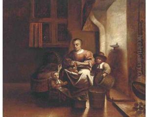 A kitchen interior with a woman and children