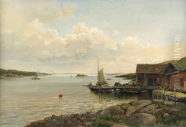 Kustlandskap Med Batar Och Byggnader Vid Brygga - view 1