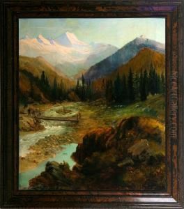 An Alp Scenery With Rapids And A Walking Bridge With A Walking Man. Signed