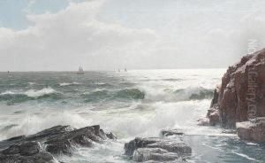 A Rocky Shoreline With Yachts In Thedistance by Lauritz B. Holst