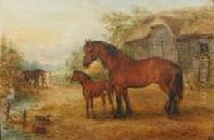 Horse And Foal By A Thatched Barn; Cattlewatering By A Bridge