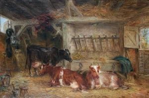 Cattle Resting In A Barn by Edwin Frederick Holt