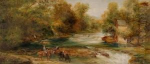 Horse Riders Near Sedgewick Falls On The River Kent Between Carnforth And Keswick by Edwin Frederick Holt