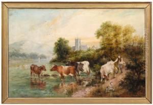 An Evening Scene&amp; Cows On The Banks Of The Severn by Edwin Frederick Holt