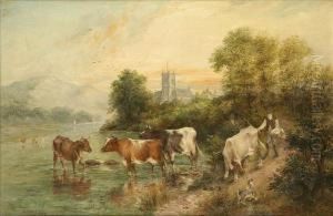 Evening,the Banks Of The Severn, With Cattle, Drover And Dog