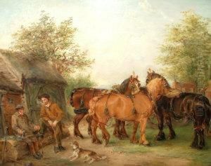 183-1912- Figures And Cart Horses Resting Along A Lane by Edwin Frederick Holt