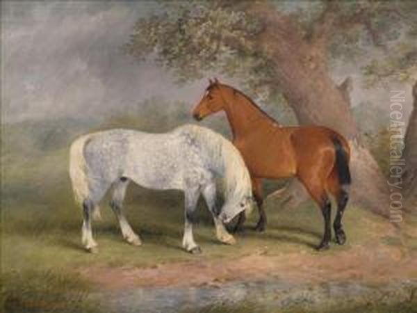 Dapple Grey And Chestnut Horses In A Landscape In The Rain - view 1