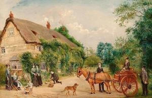 A Pony And Trap In Front Of Cottages. - view 1