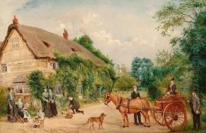 A Pony And Trap In Front Of Cottages.