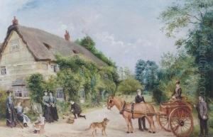 A Pony And Trap In Front Of Cottages by Edwin Frederick Holt