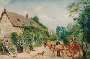 View Of A Village, With Figures And A Pony And Trap by Edwin Frederick Holt