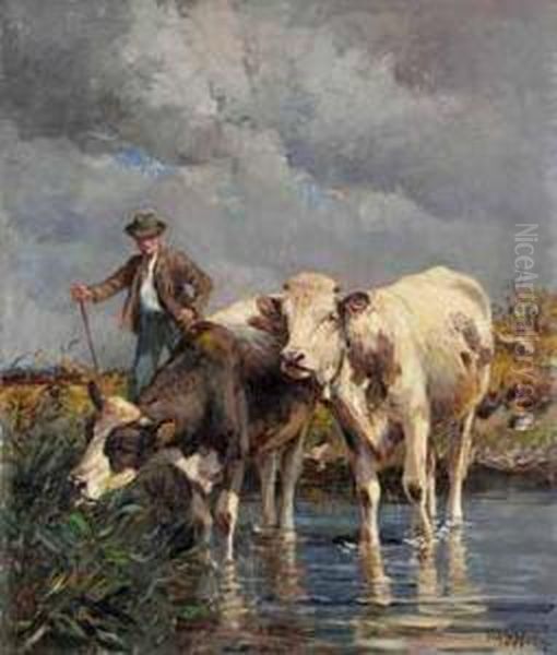 Bauer Mit Zwei Kuhen Am Wasser. - view 1