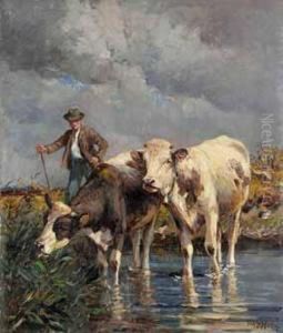 Bauer Mit Zwei Kuhen Am Wasser. by Johann Daniel Holz