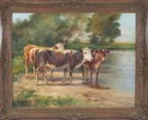 Drei Kuhe Am Ufer In Bewaldeter Landschaft by Johann Daniel Holz