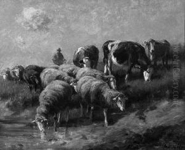 [...] "hirte Mit Schafen Und 
Kuhen An Der Tranke". Sign. Oder Bez. Ol Auf Lwd. Doubliert, Rest. 77 X 
63 Cm. Rahmen - view 1