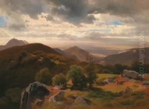 Expansive Mountain Landscape With Hunter by Joseph Holzer