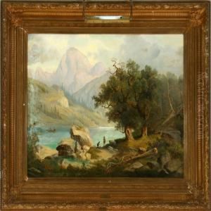 Alpine Scenery With Fishermen At The Mountain Lake by Joseph Holzer