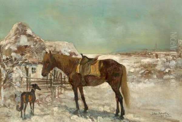 Rastendes Pferd Und Hund Vor Einem Bauernhaus - view 1