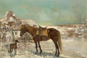 Rastendes Pferd Und Hund Vor Einem Bauernhaus by Juliusz Holzmutller