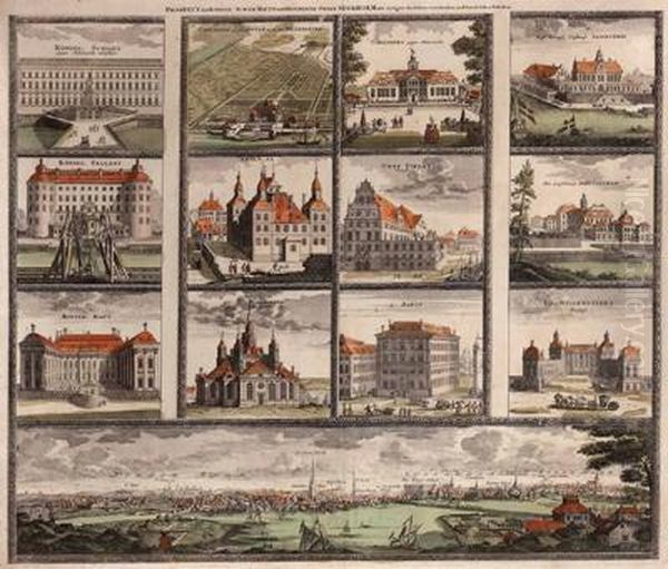Kupferstich-tableau Mit 13
Kleinen Ortsansichten Und Einer Blattbreiten Grosen Ansicht Von Westen - view 1
