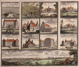 Kupferstich-tableau Mit 13
Kleinen Ortsansichten Und Einer Blattbreiten Grosen Ansicht Von Westen by Johan Baptist Homann