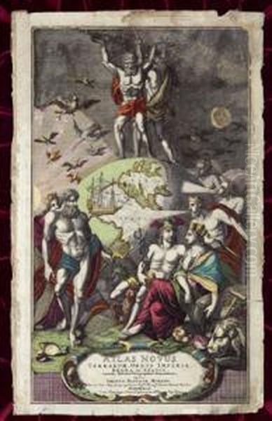 Kupferstich, Coloriert, Atlas 
Novus,terrarum Orbis
 Imperia, Regna Et Status ... Figurale Szenerien M. Den Kontinenten 
Afrika U. Europa, 48 X 28 Cm, Gerahmt, Verglast, Blattrander Eingerissen
 Sowie Mit Starken Beschadigungen - view 1