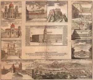 "prospectus Elegantiores - Die
Hochfurstliche Haupt- Undresidenzstadt Salzburg" Exhibiti A Jo. B.
Homano Norimbergae - Buchseite by Johan Baptist Homann