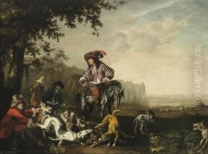 An Italianate Landscape With An
Elegant Company On A Hunt, Dogscatching A Wild Boar In The Foreground by Abraham Danielsz. Hondius
