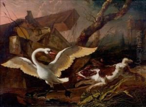 Chien Poursuivant Un Cygne Dans Un Paysage