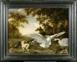 Two Swans Threatened By A Hunting Dog by Abraham Danielsz. Hondius