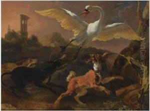 Three Hounds Chasing A Swan In A Landscape, A View Of A Ruinbeyond