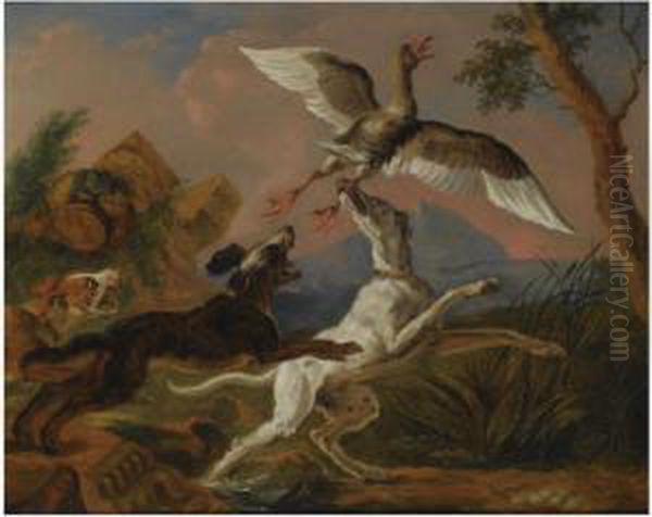Three Hounds Chasing A Nesting Wild Goose In A Hillylandscape - view 1