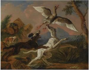 Three Hounds Chasing A Nesting Wild Goose In A Hillylandscape by Abraham Danielsz. Hondius